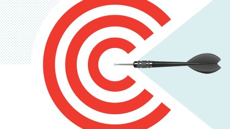 a black and white image of a dart pinned into the center of a red target on a white and light blue background