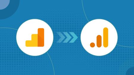 The universal analytics logo with an arrow pointing to the Google Analytics 4 logo, on a blue background of BE-branded dots and circles