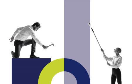 Photographs of a man with a hammer and a woman with a paint roller on BrandExtract purple and green graphics 