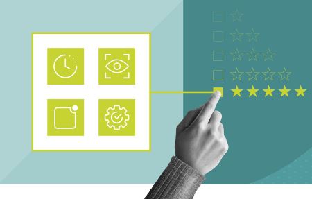 A group of icons representing factors of user experience on a green background, with a finger pointing to a five-star rating 