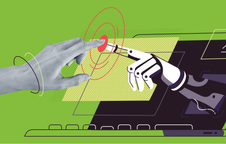 Graphic of a robotic hand reaching out of the screen of a laptop to touch its finger to a photo of a human hand , with red concentric circles at the point where they touch. 