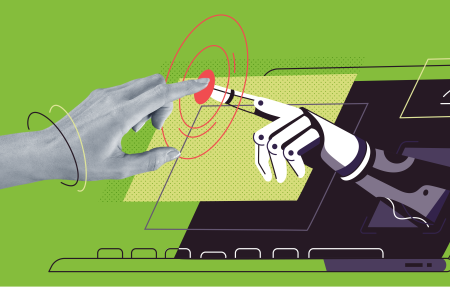 Graphic of a robotic hand reaching out of the screen of a laptop to touch its finger to a photo of a human hand , with red concentric circles at the point where they touch.