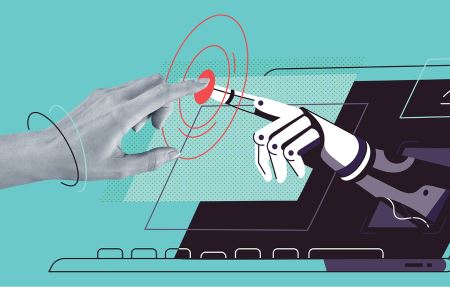 Graphic of a robotic hand reaching out of the screen of a laptop to touch its finger to a photo of a human hand , with red concentric circles at the point where they touch. 