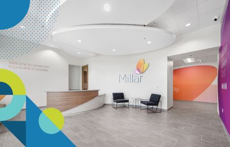 A photograph of Millar's office lobby with BE-branded shapes adorning the border