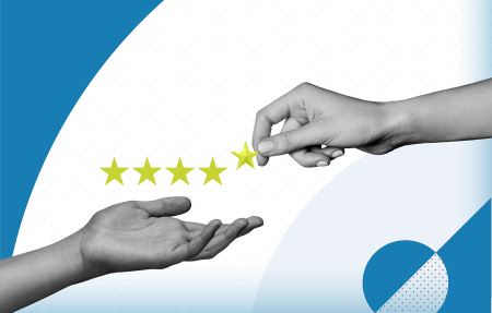 Graphic featuring a black and white photograph of a hand palm up, receiving five stars from another hand on a blue and white patterned background. 