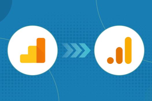 The universal analytics logo with an arrow pointing to the Google Analytics 4 logo, on a blue background of BE-branded dots and circles