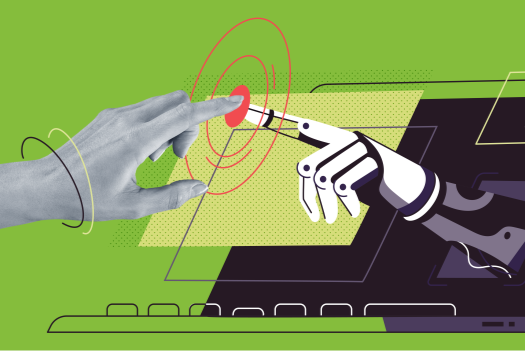 Graphic of a robotic hand reaching out of the screen of a laptop to touch its finger to a photo of a human hand , with red concentric circles at the point where they touch.