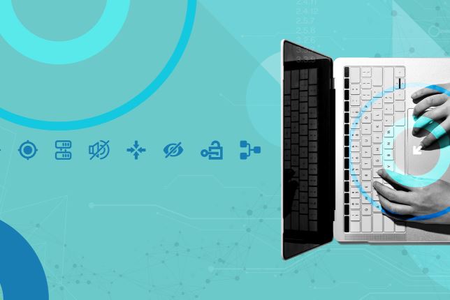 hands on a laptop with icons related to accessibility lined up on the left, all on a teal background