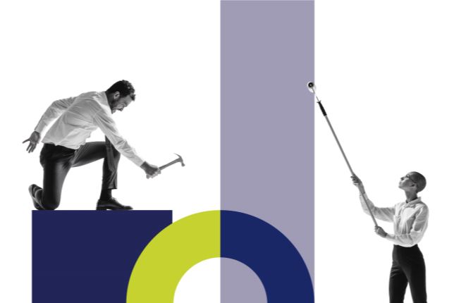 Photographs of a man with a hammer and a woman with a paint roller on BrandExtract purple and green graphics