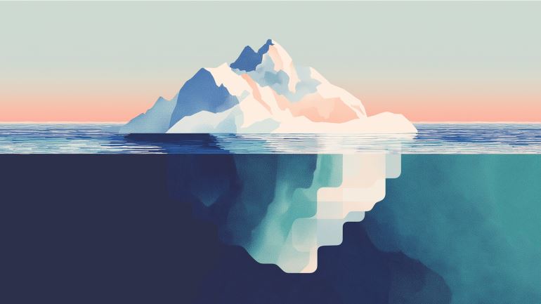 An illustration of an iceberg that shows the iceberg above water and the larger section, beneath the surface