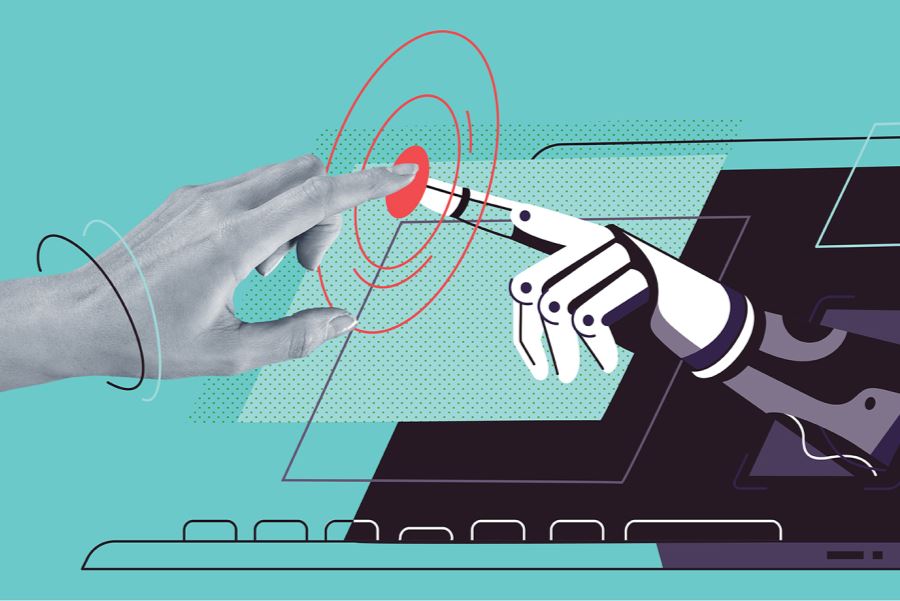 Graphic of a robotic hand reaching out of the screen of a laptop to touch its finger to a photo of a human hand , with red concentric circles at the point where they touch.