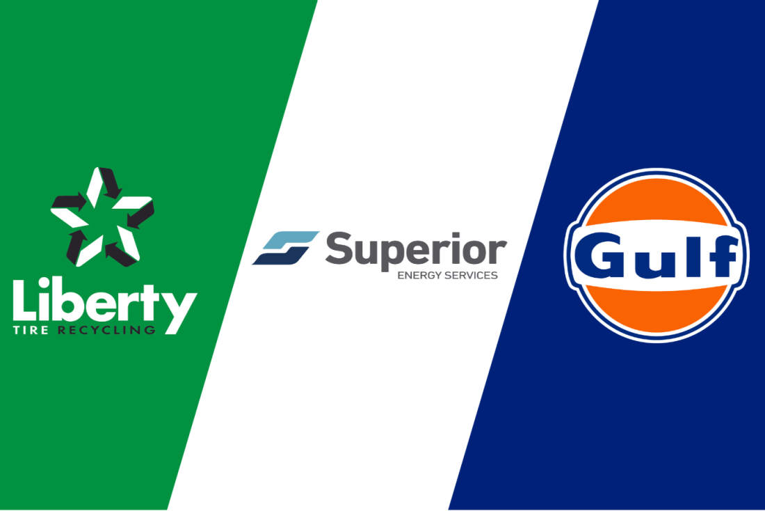 logos of Liberty Tire Recycling, Gulf Oil and Superior Energy Services on a multicolored background