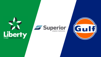 logos of Liberty Tire Recycling, Gulf Oil and Superior Energy Services on a multicolored background