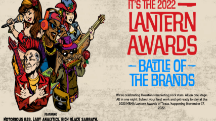 Five cartoonish characters holding musical instruments next to the Lantern Awards lockup