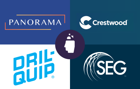 Logos of Panorama, Crestwood, Dril-quip and SEG on a multicolored background