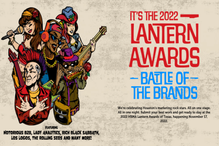 Five cartoonish characters holding musical instruments next to the Lantern Awards lockup