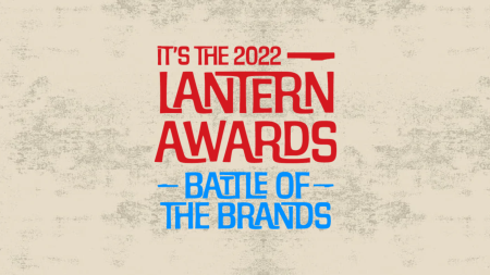 Red and blue logo entitled "It's the 2022 Lantern Awards, Battle of the Brands" on a tan background