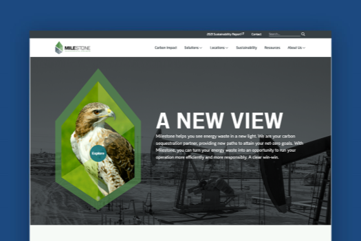 Screenshot of Milestone website with an eagle within the Milestone logo prominently displayed on a blue background