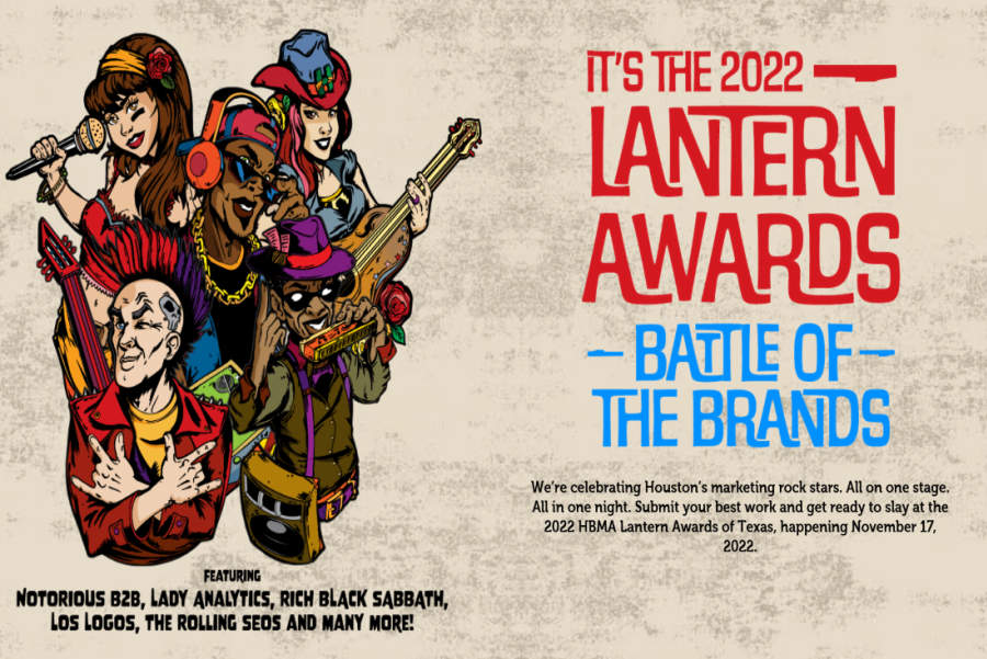 five cartoonish characters holding musical instruments next to the Lantern Awards lockup