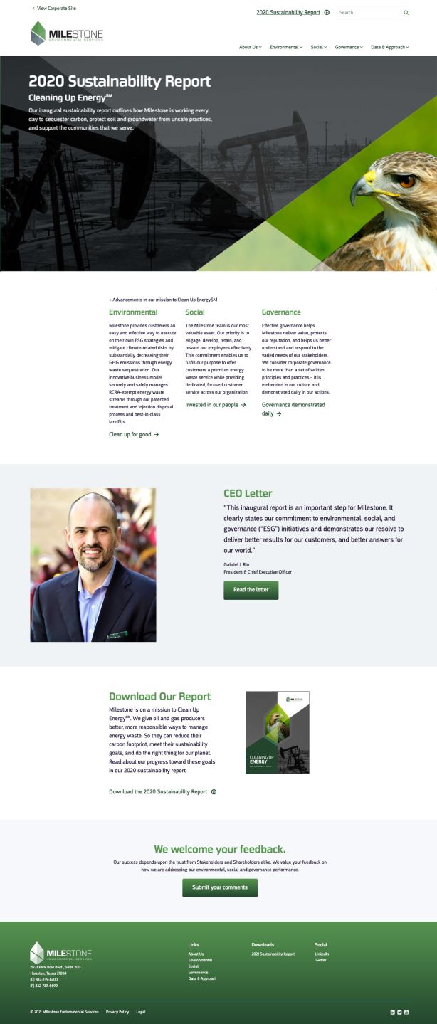 screenshot of Milestone's 2020 Sustainability Report 