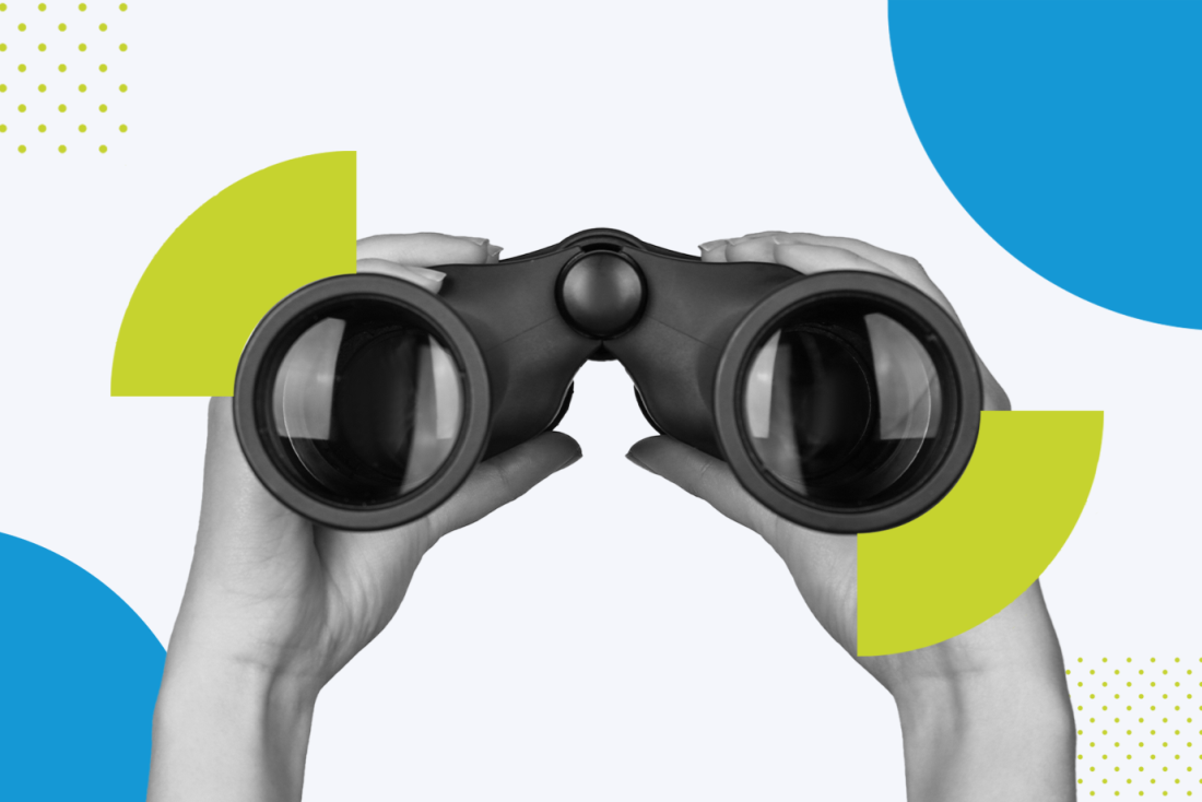 Binoculars in foreground with BrandExtract theme elements.