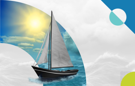 Sailboat on rough waters with sun in background.