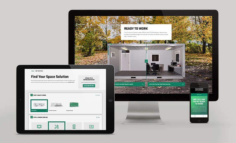 Images of the new WillScot website on desktop, tablet and a phone.