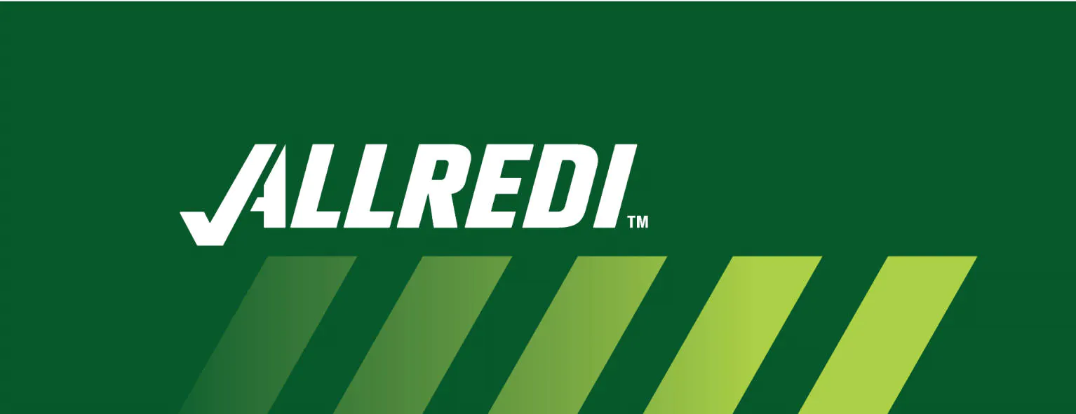 The Allredi logo with green bars beneath it