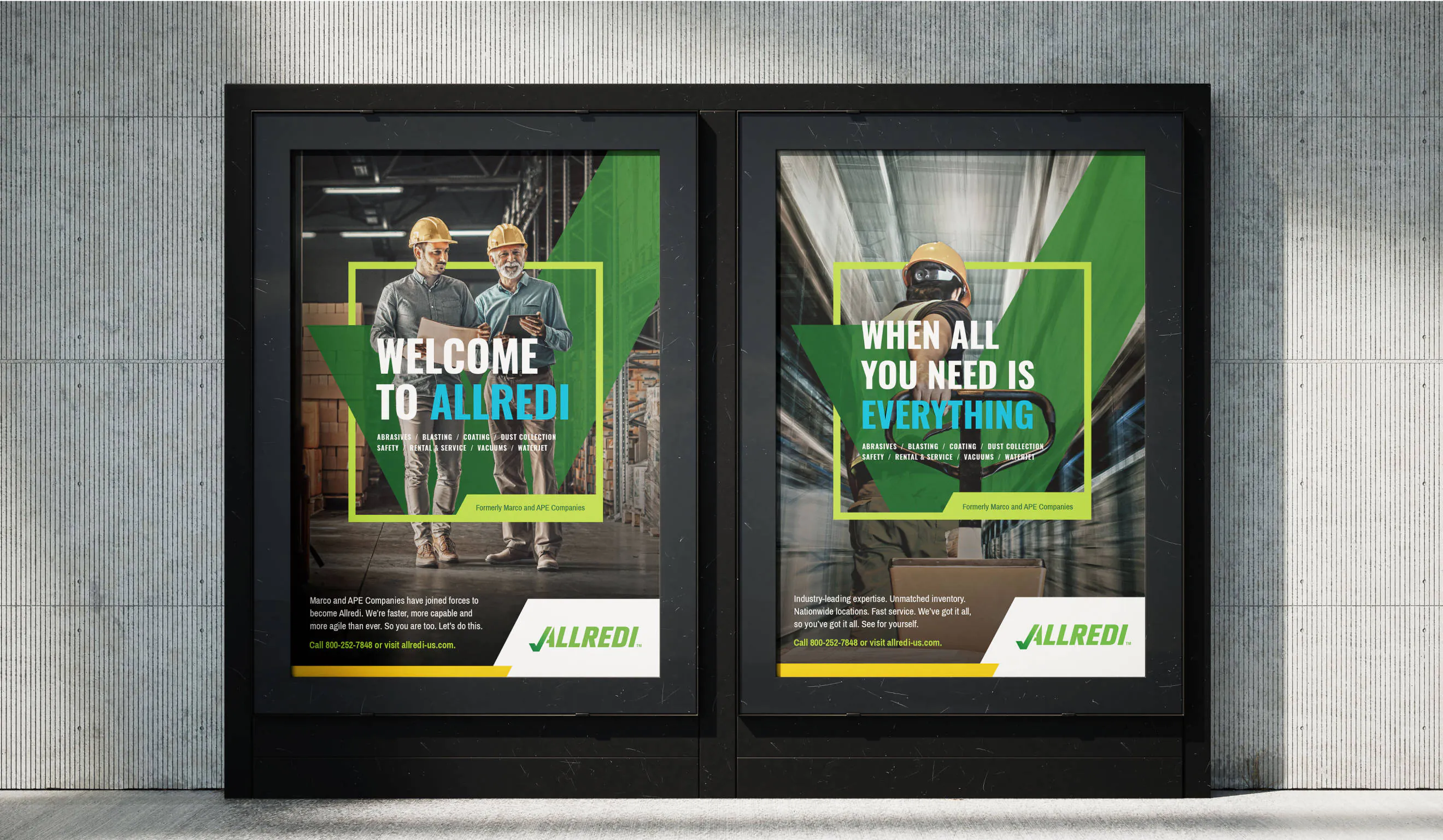 Two digital displays side by side, showing Allredi ads
