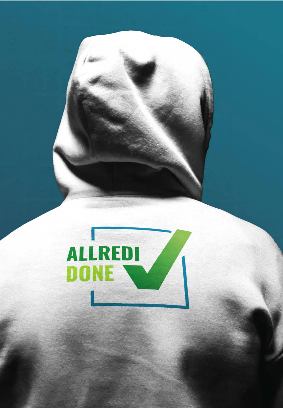 A hoodie with the Allredi "Allredi Done" slogan and check mark on the back