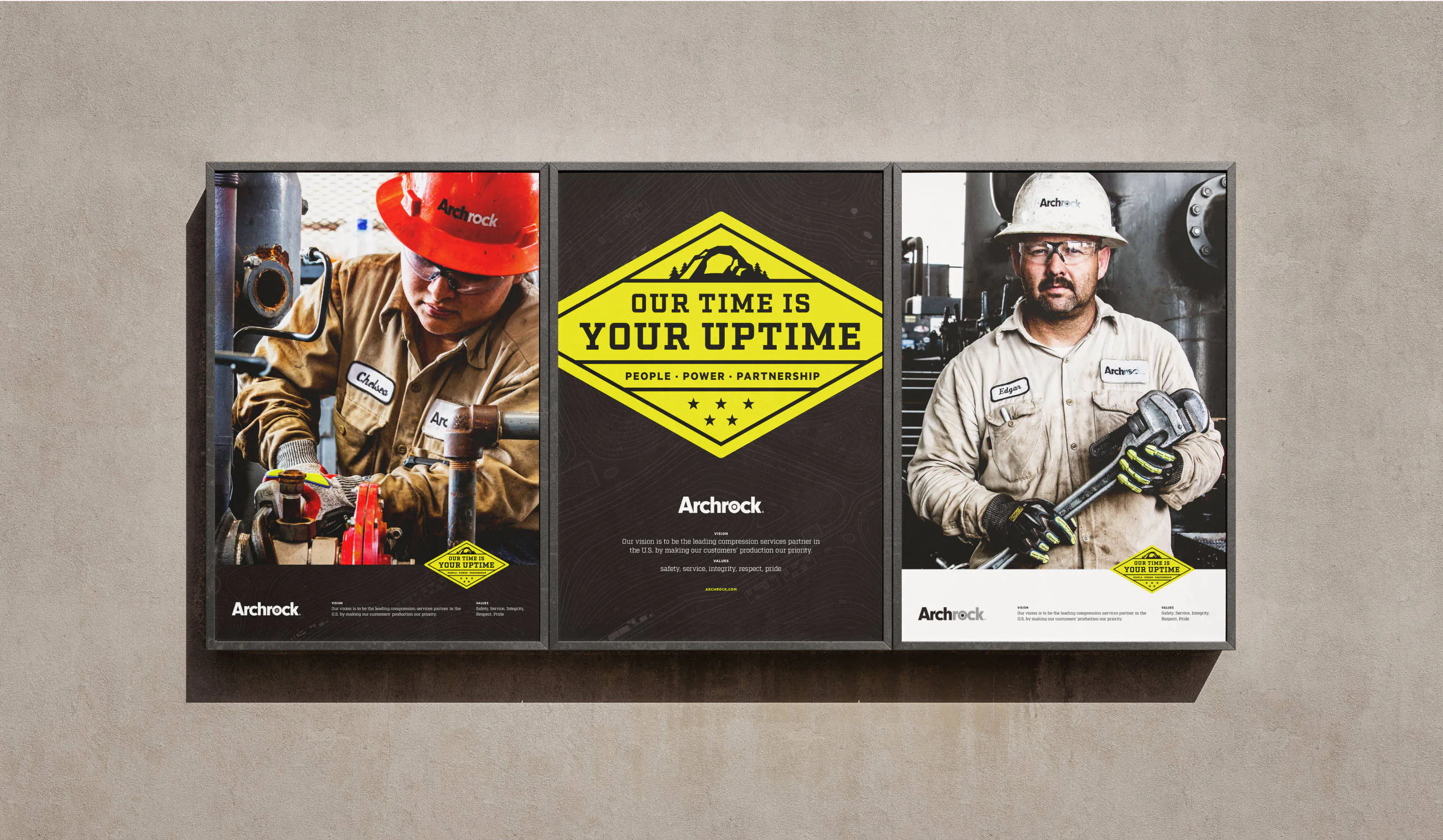Three examples of Archrock's "Uptime" branded imagery featuring workers handling tools and pipes