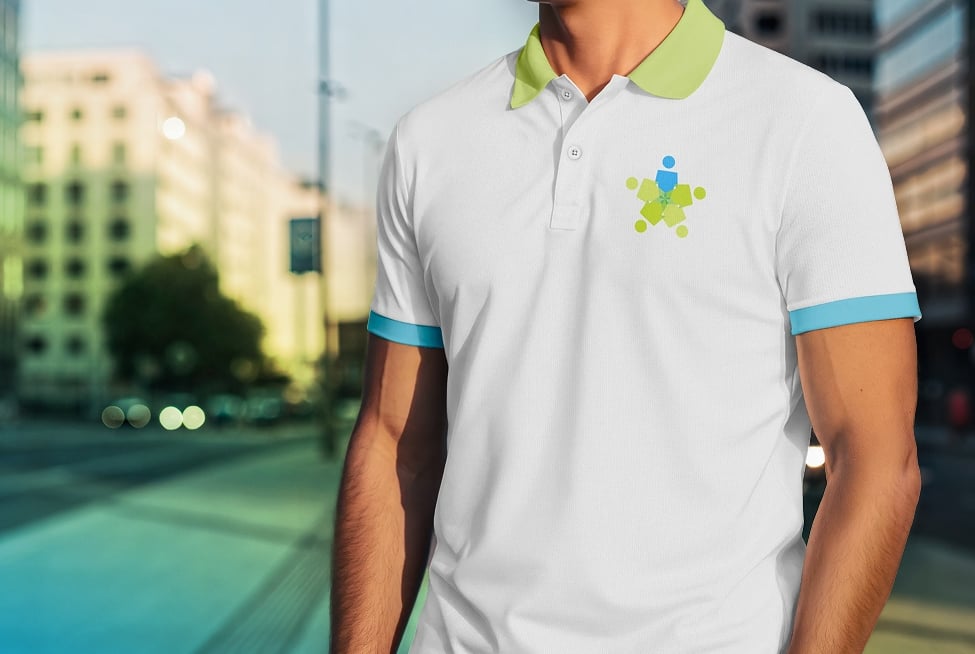 White polo shirt with lime green collar and blue sleeve trim featuring Data Projections human connectivity embroidered logo