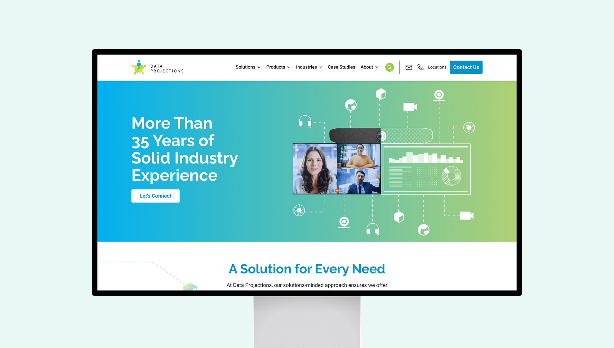 Data Projections website homepage on desktop computer featuring 35 years industry experience with video conferencing and connectivity icons