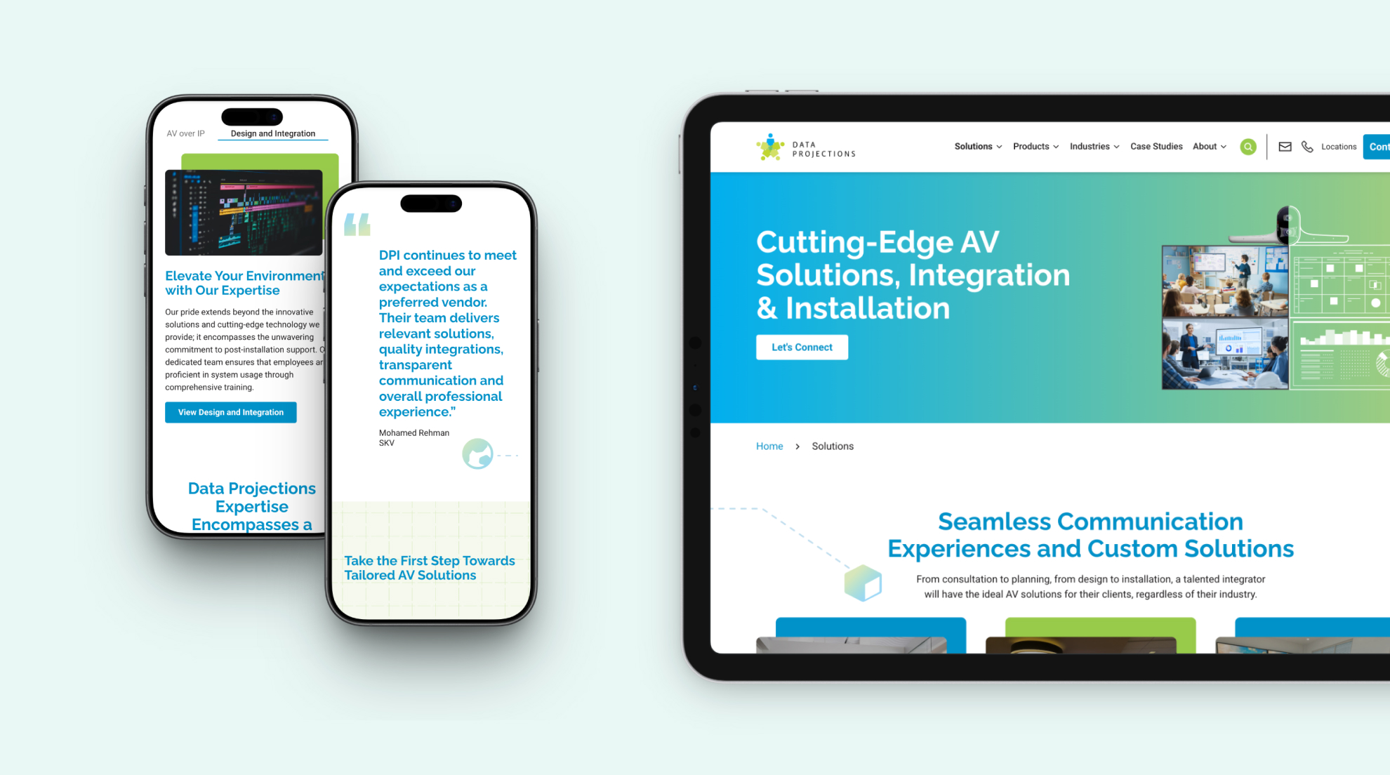 Data Projections responsive website design displayed on desktop monitor and mobile phones showcasing AV solutions and integration services