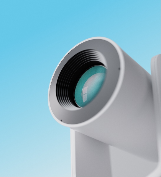 Close-up of white smart camera lens with teal glass element on light blue background