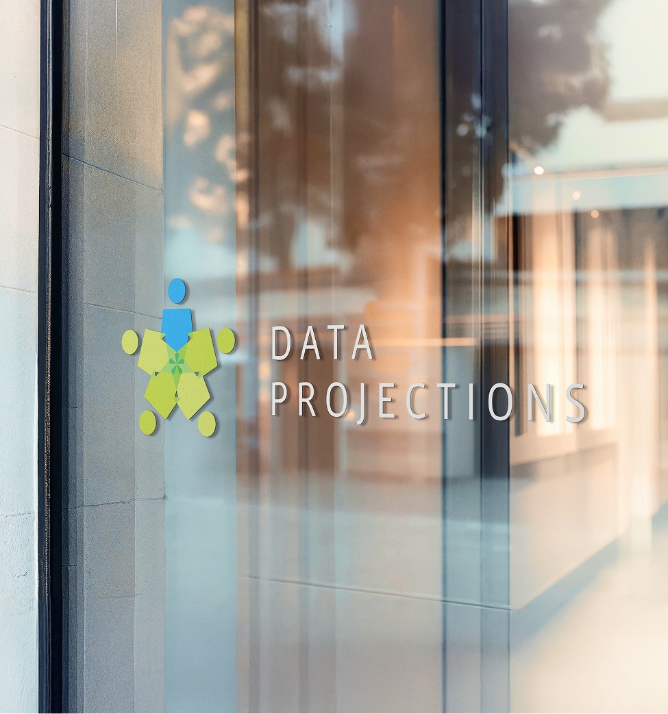 Data Projections logo on glass office entrance door with human connectivity icon and company name in white lettering