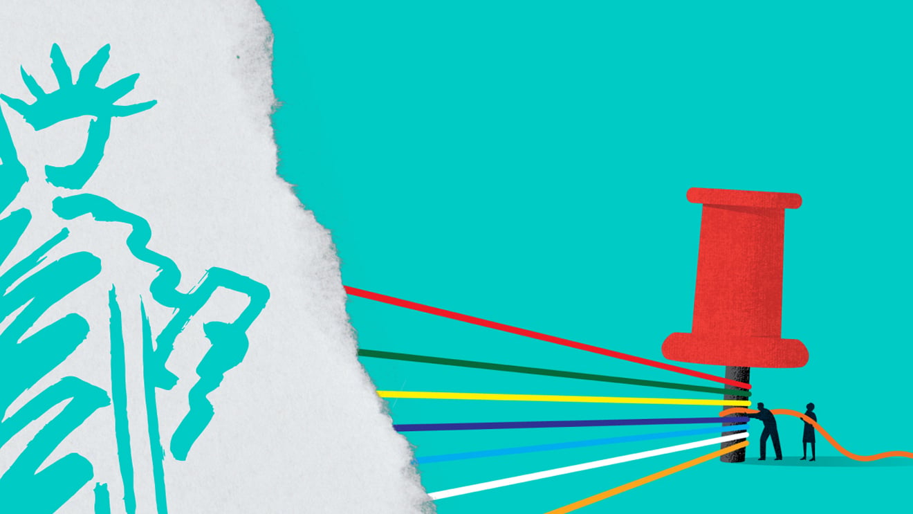 Statue of Liberty illustration with colorful lines held by tiny people converging on a giant red pushpin on teal background.
