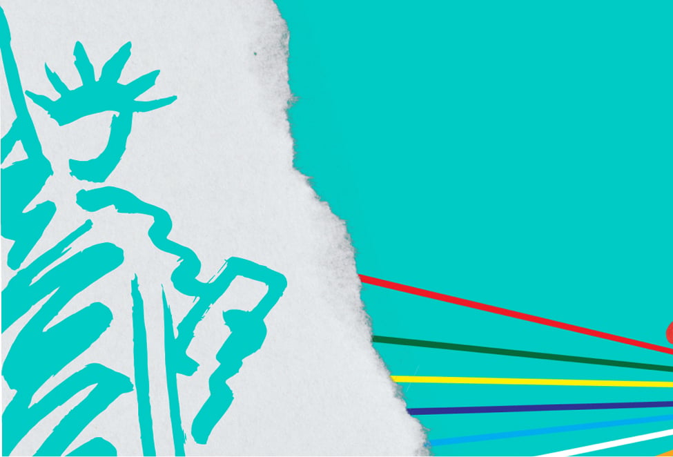 Statue of Liberty illustration with colorful lines held by tiny people converging on a giant red pushpin on teal background.