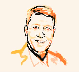 Stylized illustrated portrait of a man outlined in orange and black on a cream background.