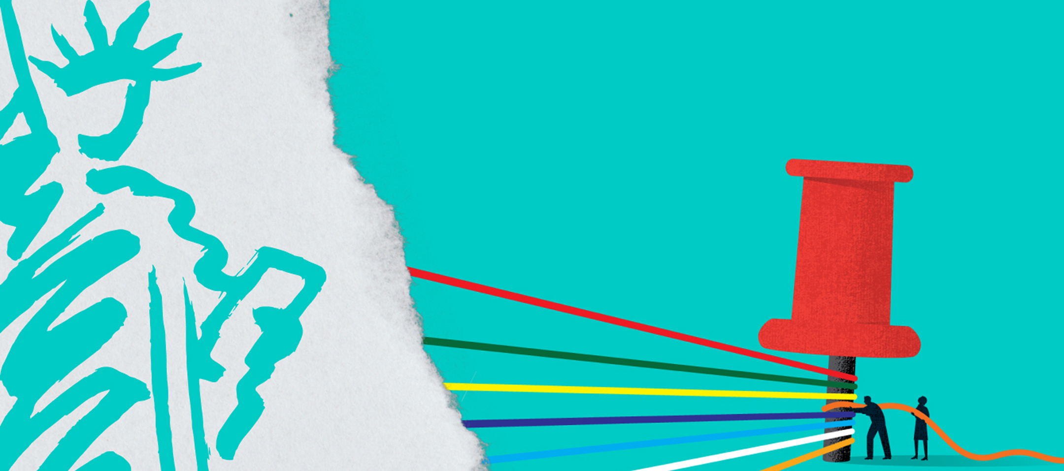 Statue of Liberty illustration with colorful lines held by tiny people converging on a giant red pushpin on teal background.