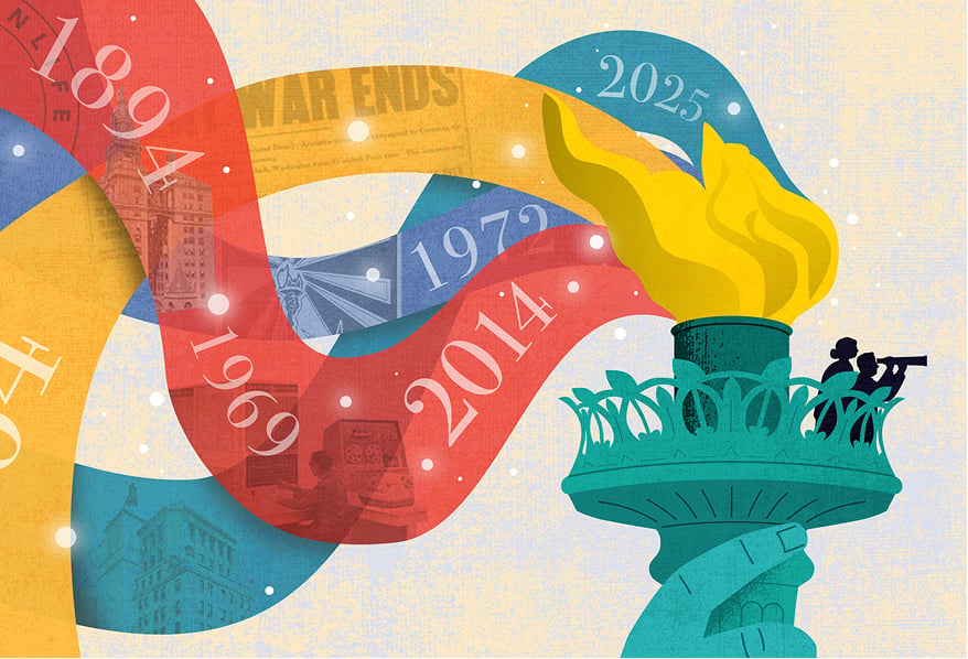 Colorful ribbon timeline winding around Statue of Liberty torch with historic years from 1894 to 2025.
