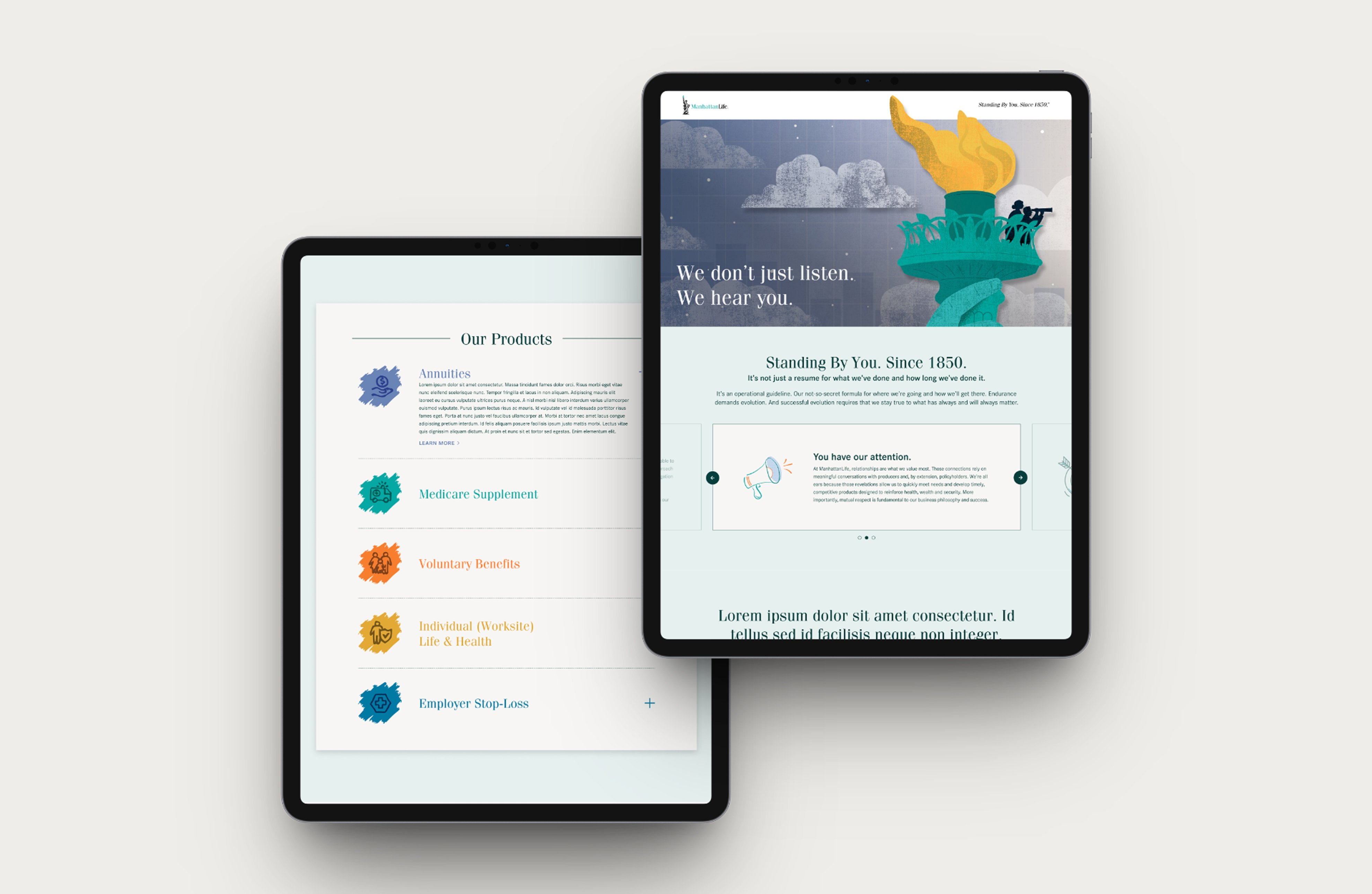 Two tablets displaying ManhattanLife website pages with Statue of Liberty imagery and product categories.