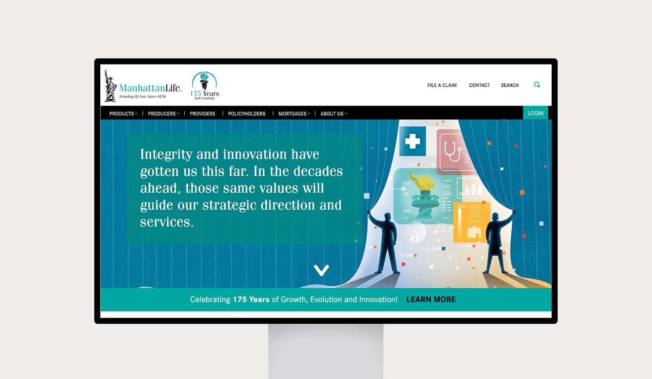 ManhattanLife website hero banner showing two figures pulling back blue curtains to reveal healthcare data icons and Statue of Liberty torch, with headline about integrity and innovation.