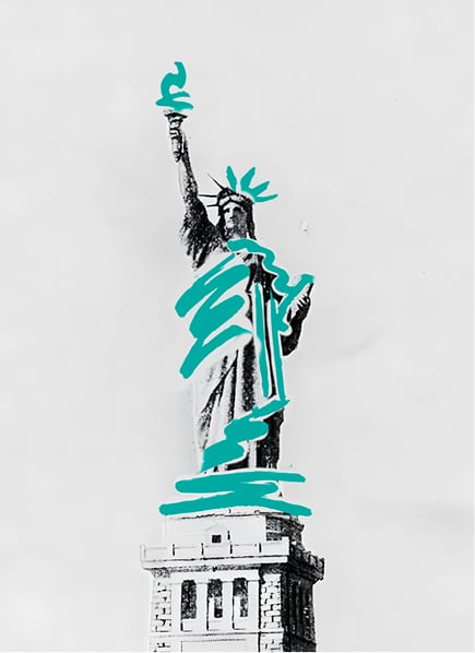Historic black-and-white Statue of Liberty photo overlaid with bold teal sketch lines emphasizing the figure.