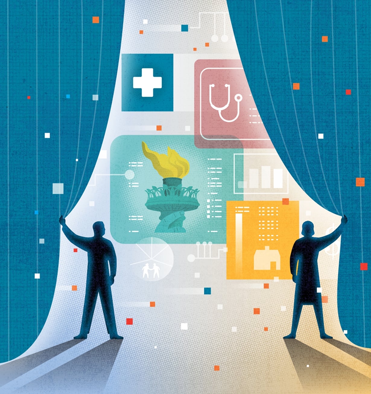 Illustration of two figures pulling back blue curtains to reveal data graphics and a Statue of Liberty torch icon.