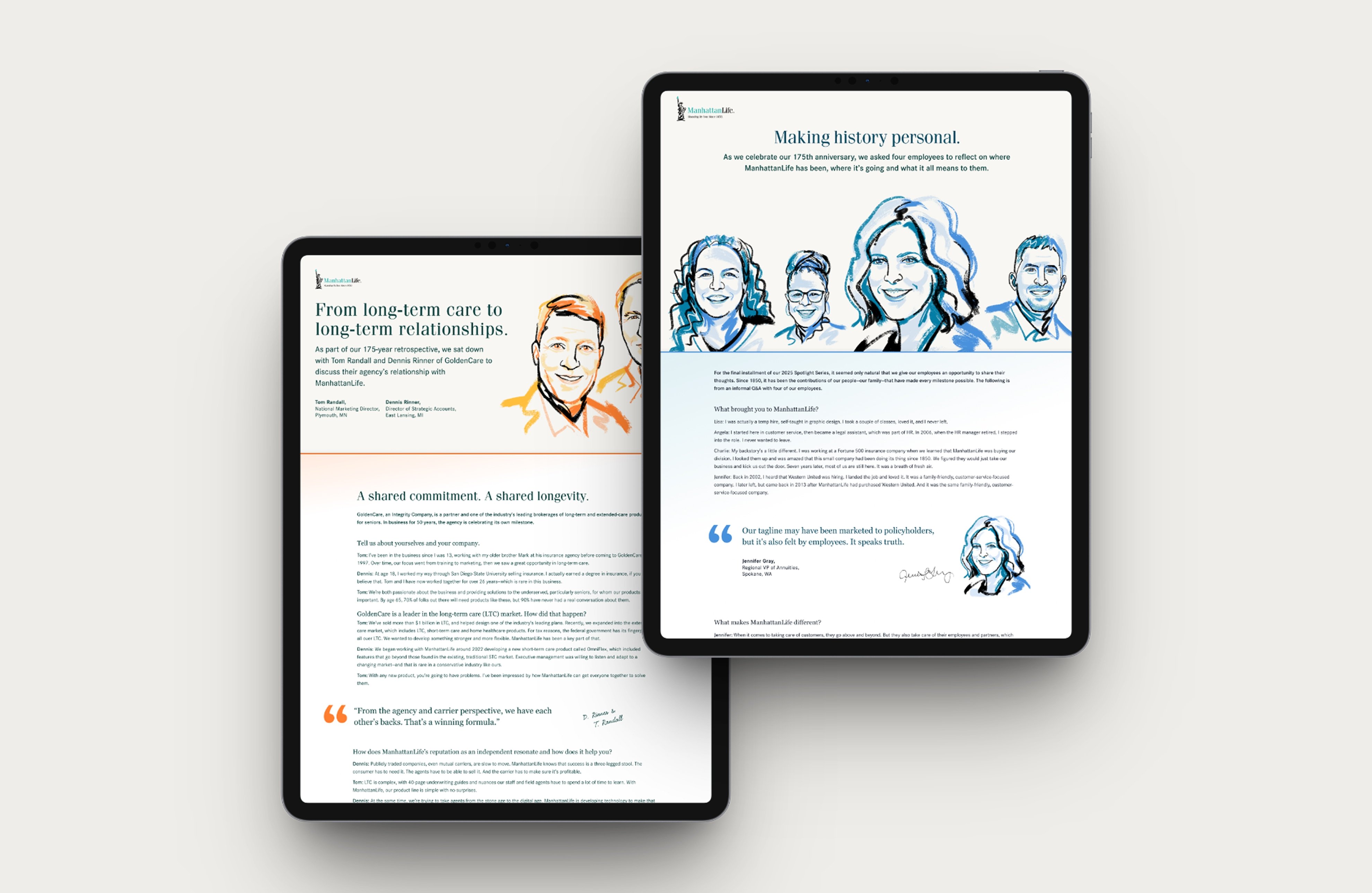 Two tablets showing ManhattanLife anniversary articles with illustrated employee portraits and testimonials.