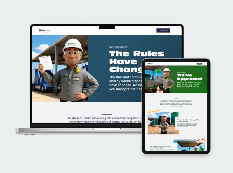 Laptop and tablet showing Milestone&rsquo;s &lsquo;The Rules Have Changed&rsquo; and &lsquo;We&rsquo;ve Upgraded&rsquo; campaign pages featuring Miles safety mascot at an energy waste facility.
