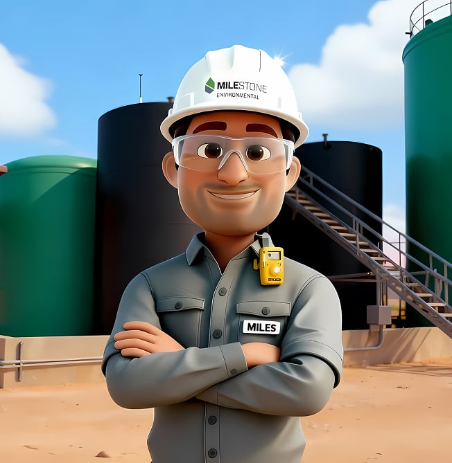 Cartoon safety worker named Miles standing with arms crossed in front of large green and black storage tanks at an industrial site.