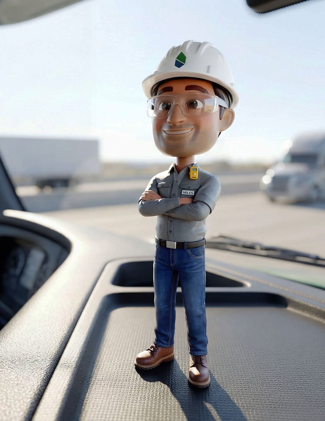 Miles safety mascot figurine standing with arms crossed on a truck dashboard with semi‑trucks blurred in the background.