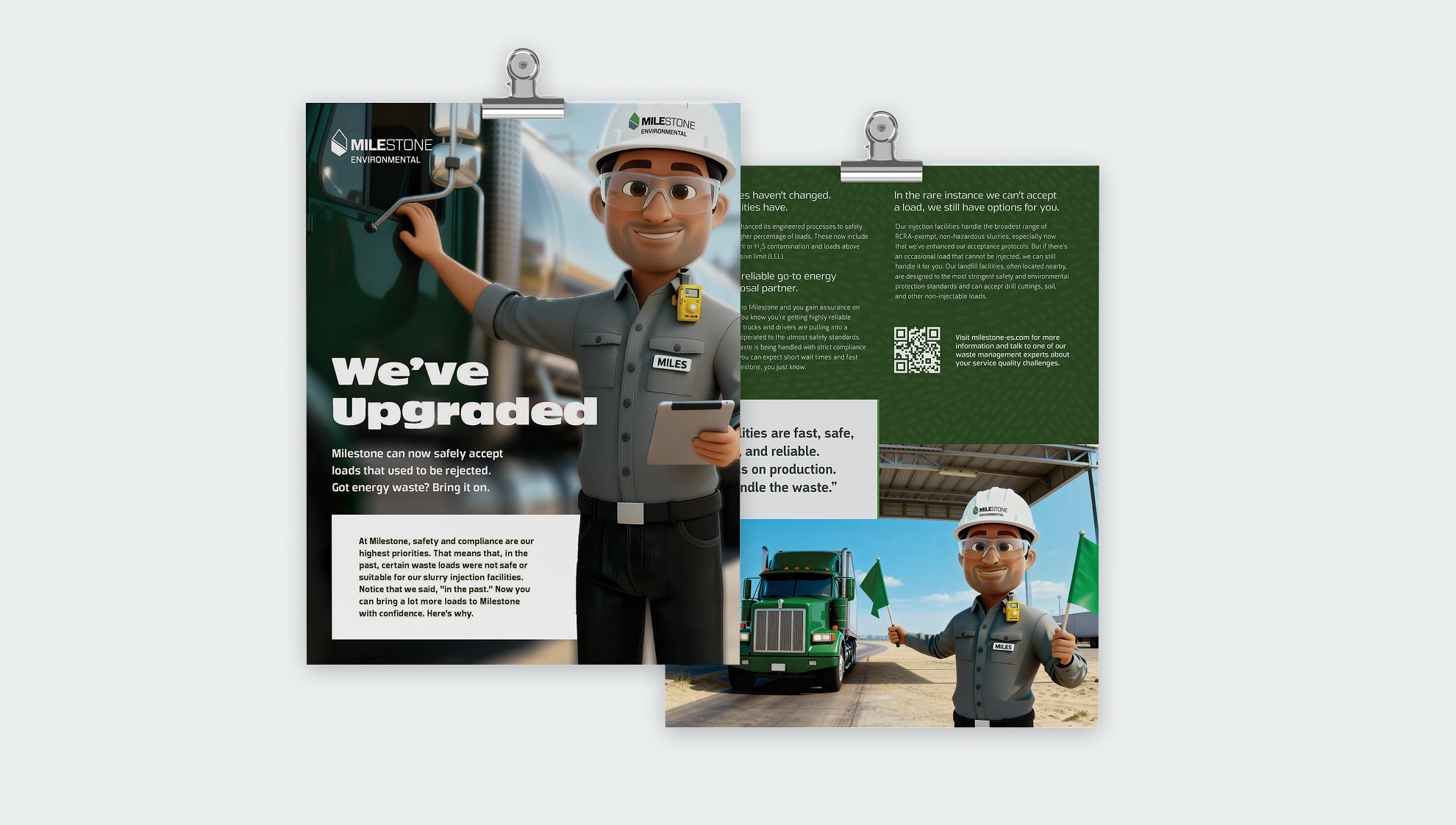 Front and back of Milestone &lsquo;We&rsquo;ve Upgraded&rsquo; flyer featuring Miles safety mascot inspecting a green truck on one side and waving green flags in front of a tanker truck on the other.